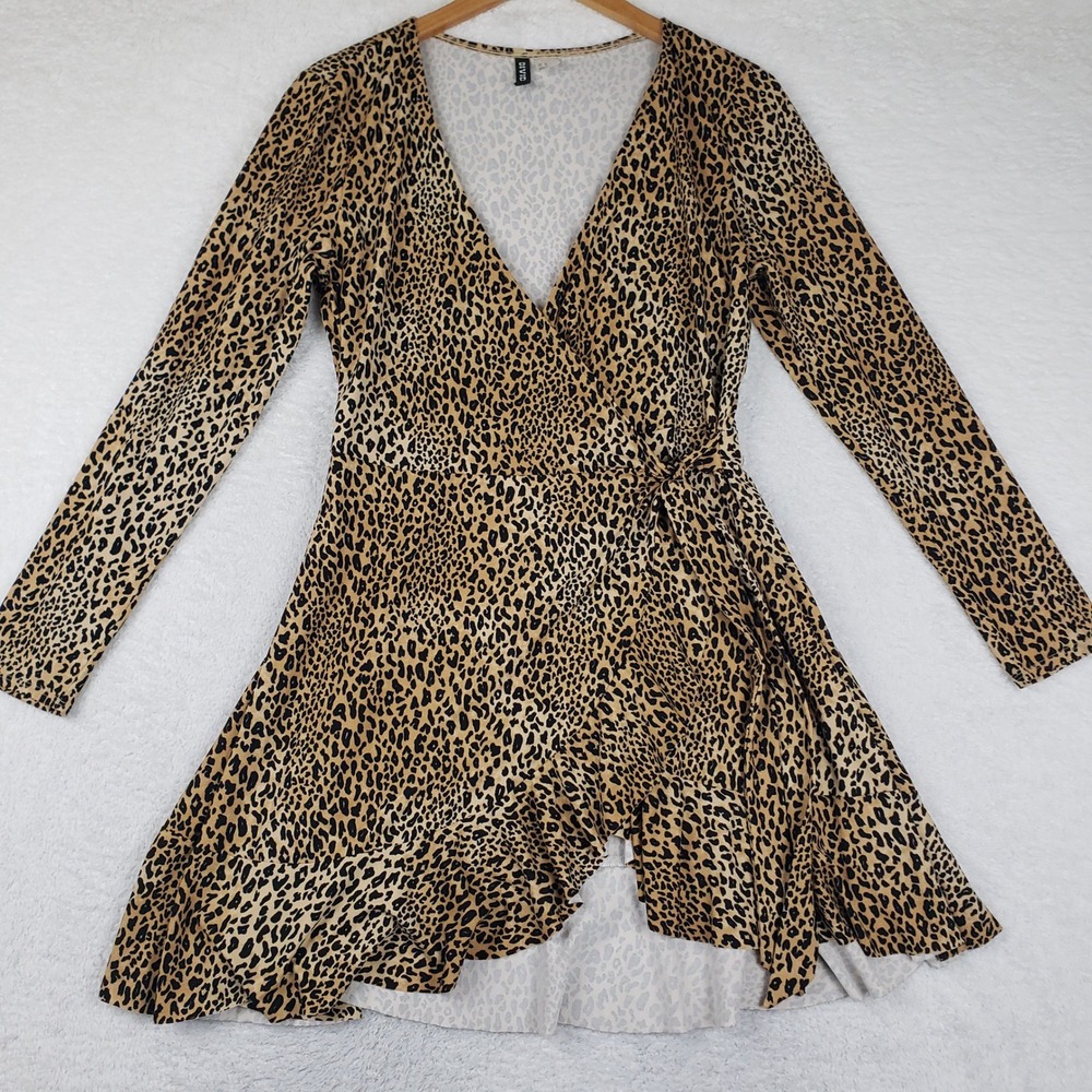 H&M Divided Faux Wrap Leopard Print Mini Dress Women 10 Long Sleeve Animal Club